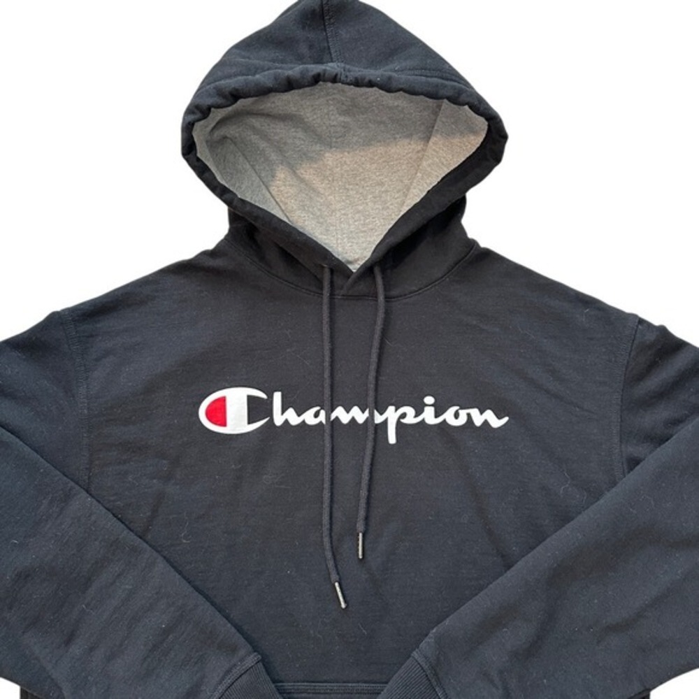 Champion Hoodie Pullover Sweatshirt Classic Logo Black Comfy Mens Size L‎